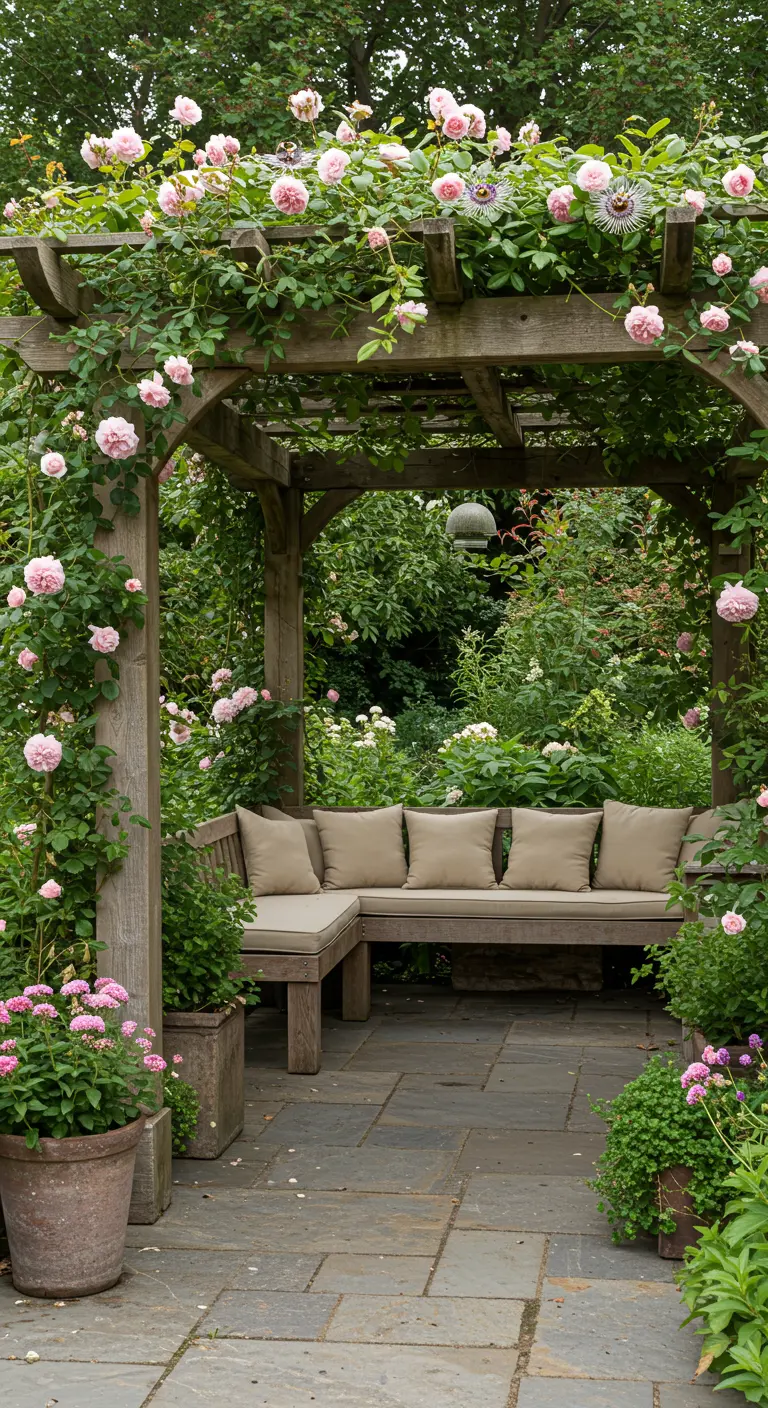 Pérgola de madera con un banco esquinero con cojines, rodeado de rosales y vegetación frondosa.