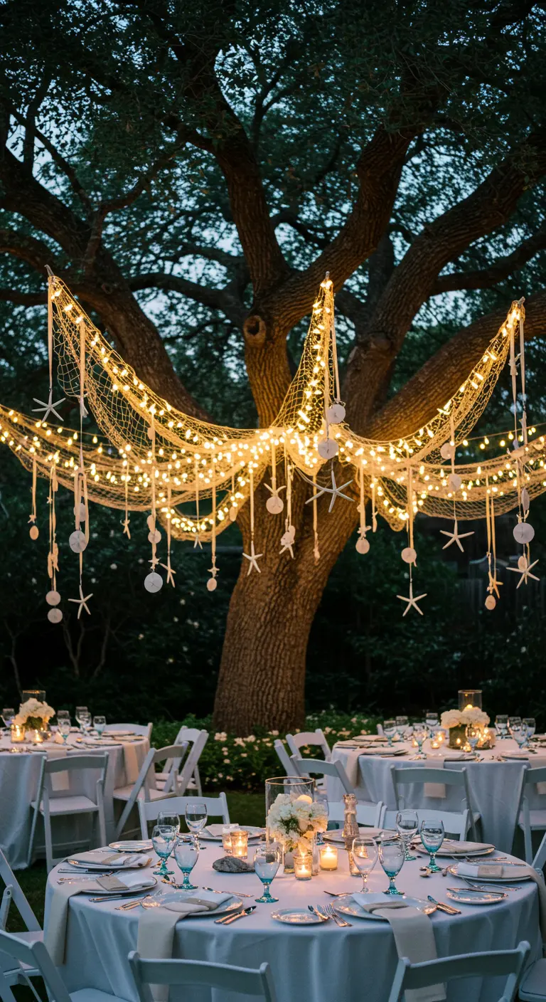 Árbol grande decorado con redes de pesca iluminadas y adornos de estrellas de mar.