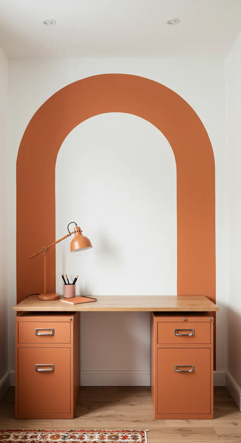 Escritorio con archivadores terracota enmarcado por un gran arco pintado del mismo color en la pared.
