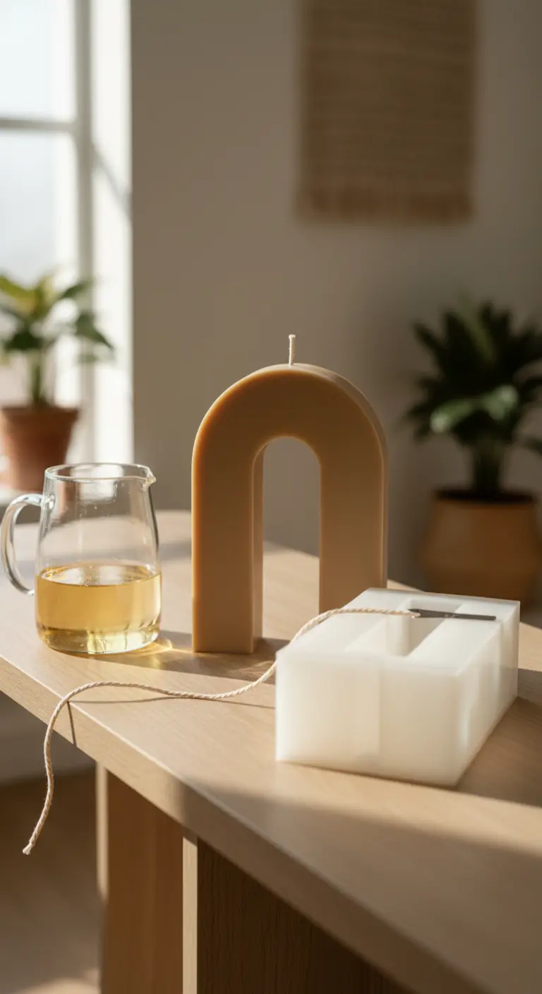 Vela casera de color beige con forma de arco sobre una mesa de madera con luz natural