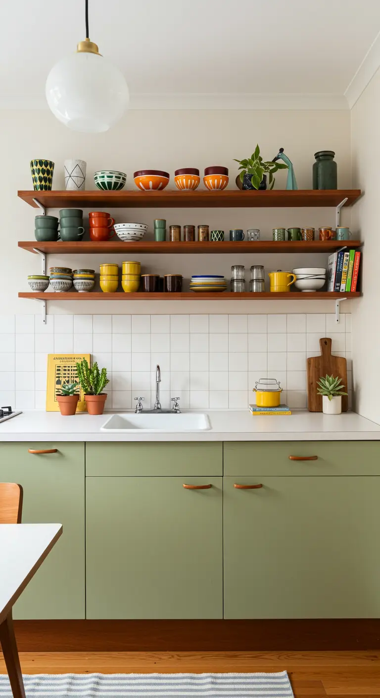 Estantes de madera con vajilla de colores apilada sobre muebles de cocina verde salvia