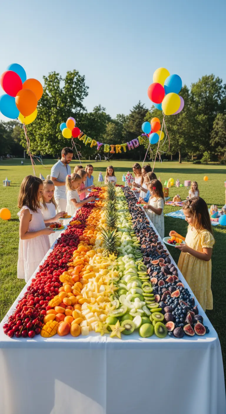 Larga mesa blanca en un parque con frutas ordenadas por colores formando un arcoíris.