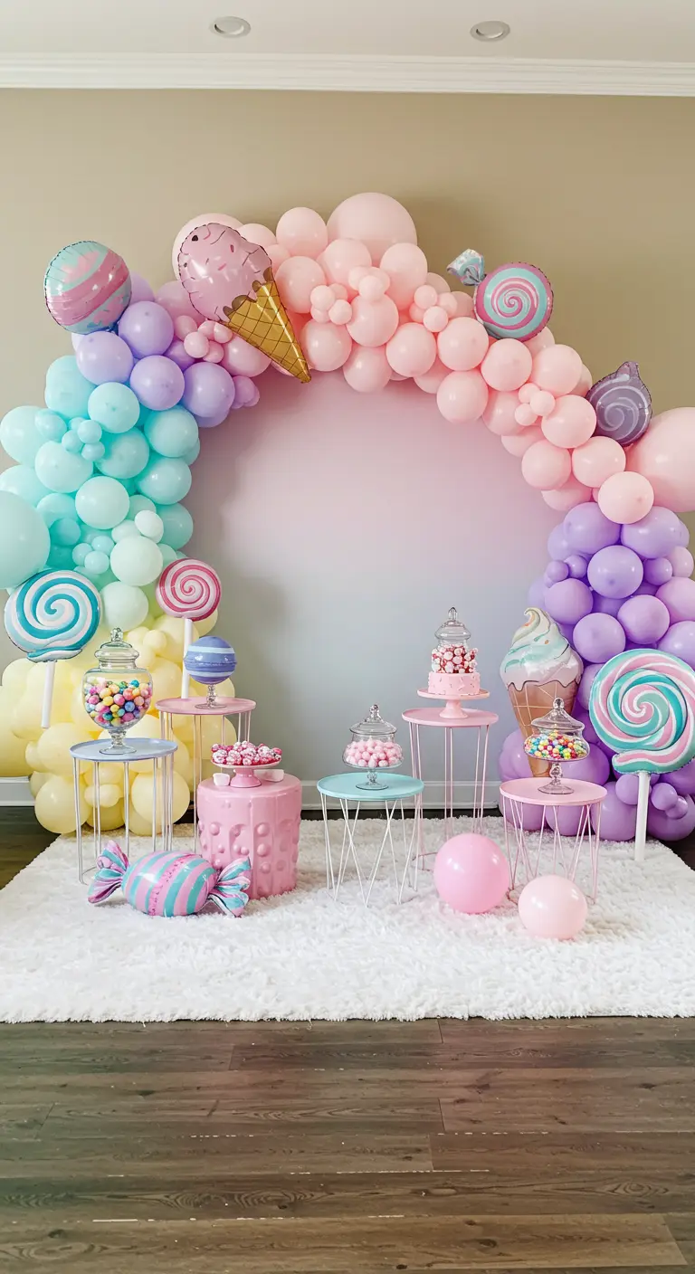 Arco de globos en tonos pastel con temática de caramelos y dulces.