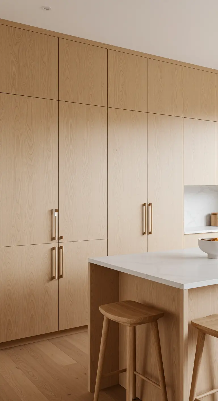 Cocina moderna con armarios altos de madera clara de suelo a techo y una isla blanca.