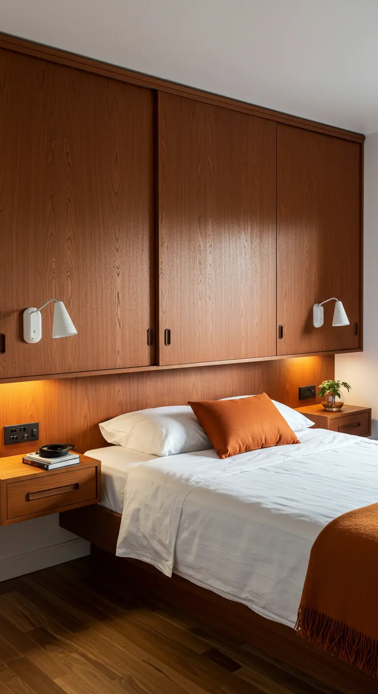 Mueble cabecero de madera de pared a pared con armarios correderos y mesitas flotantes