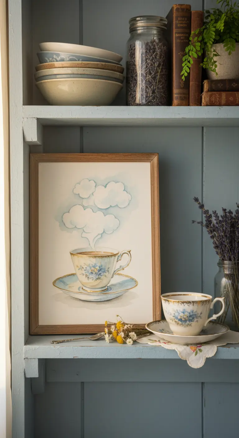 Cuadro en acuarela de una taza de té vintage con vapor, sobre una estantería azul.