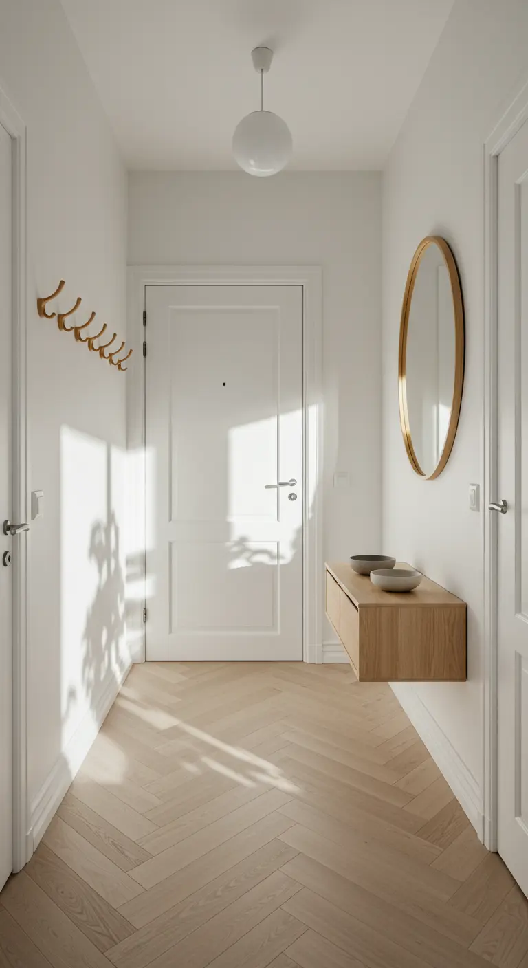 Recibidor escandinavo minimalista con consola flotante de madera, espejo redondo y percheros de pared.