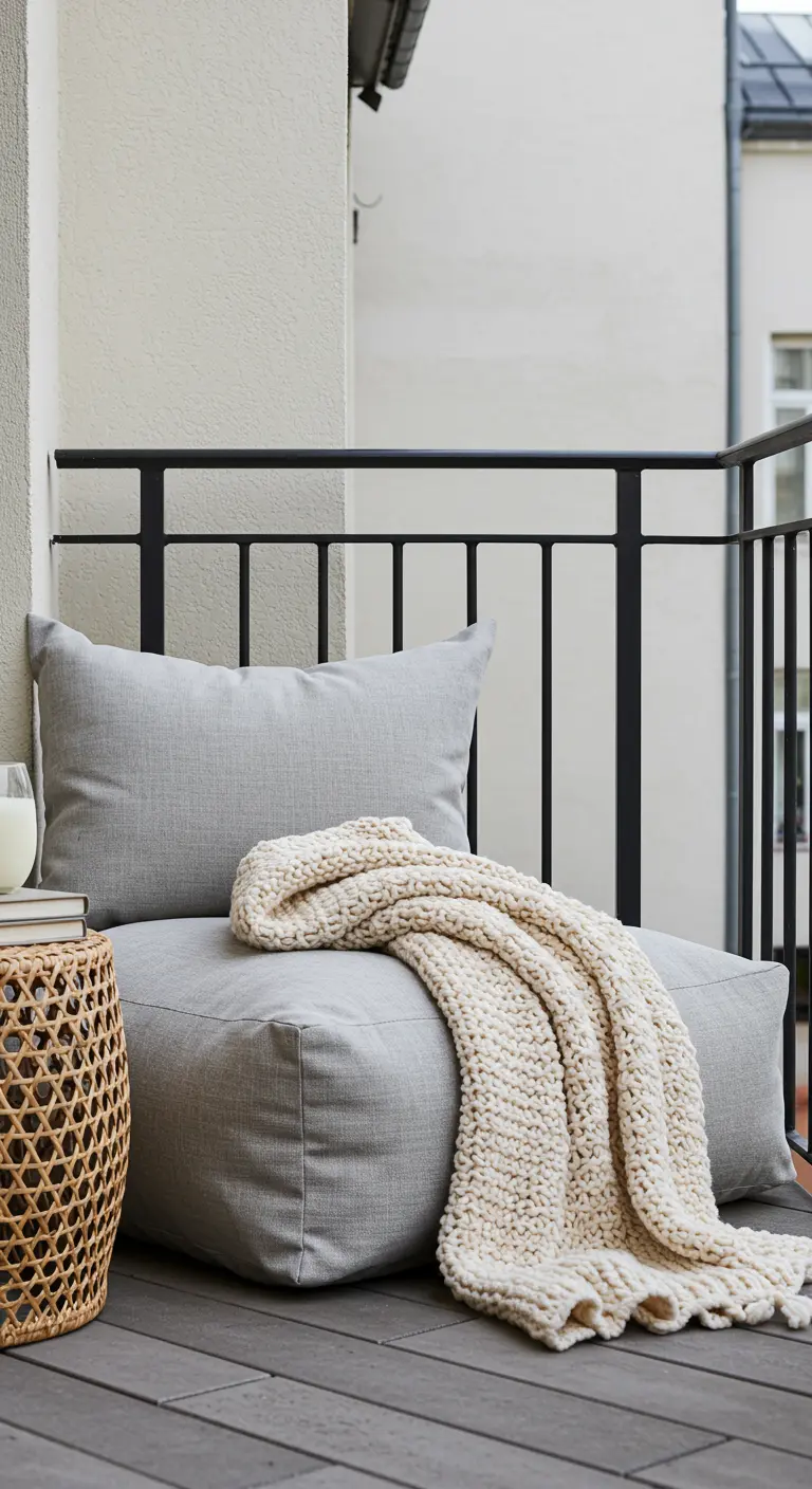 Rincón de balcón con un gran cojín de suelo gris y una manta de punto grueso en color crema