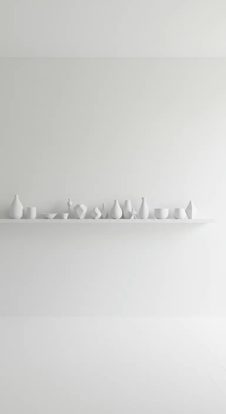 Estantería flotante blanca sobre una pared blanca con una colección de objetos blancos.