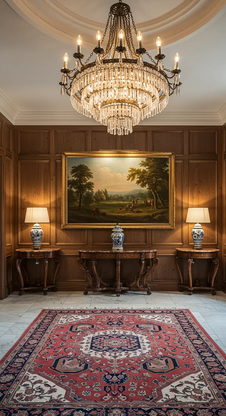 Recibidor clásico y simétrico con paredes de madera, dos consolas y un gran cuadro paisajístico