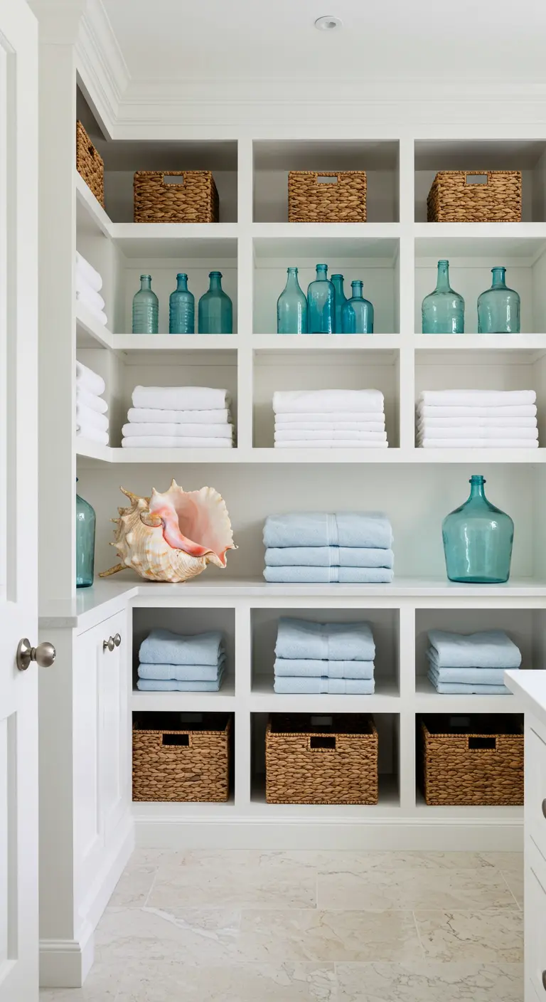 Estantería blanca abierta con toallas dobladas, cestas de mimbre y botellas de cristal turquesa