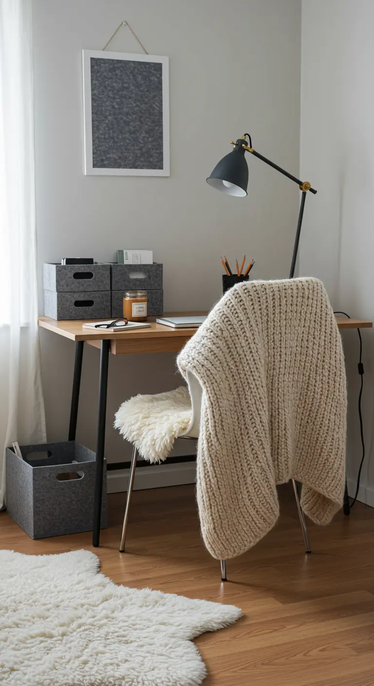 Escritorio nórdico con silla cubierta por una manta de punto grueso y organizadores de fieltro.