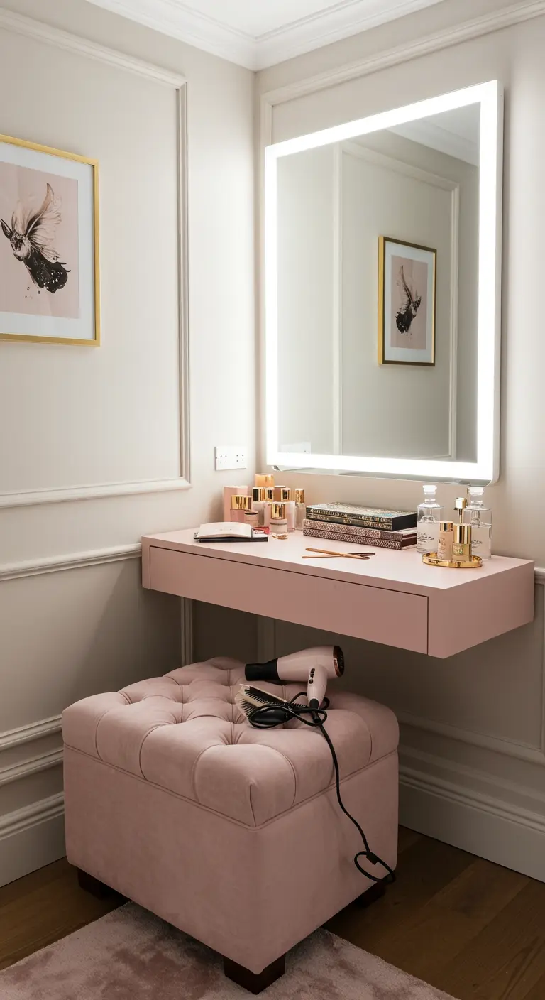 Otomana de terciopelo rosa con tapa abierta bajo un tocador con espejo iluminado.