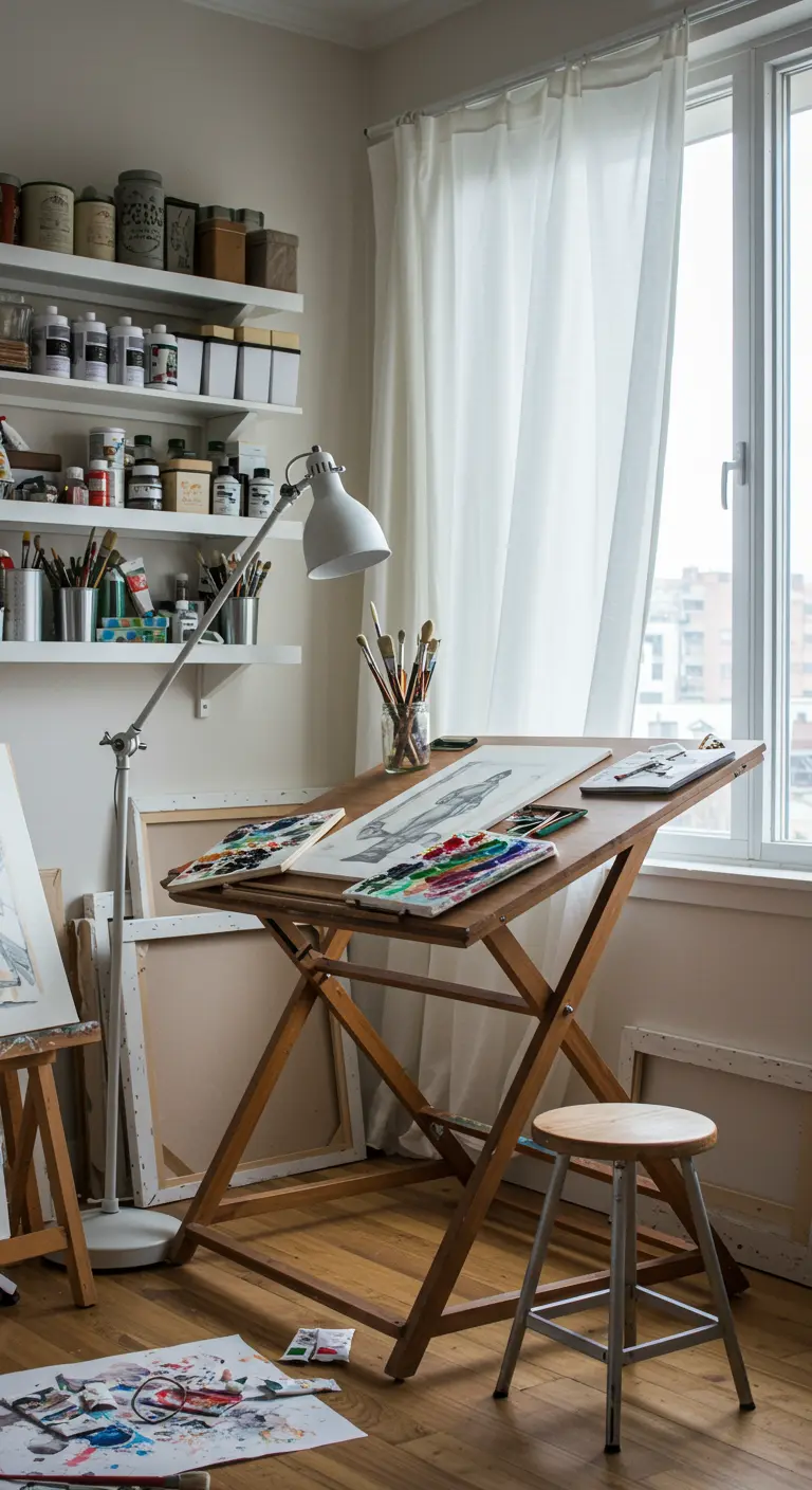 Estudio de artista con una mesa de dibujo, materiales de arte y abundante luz natural.
