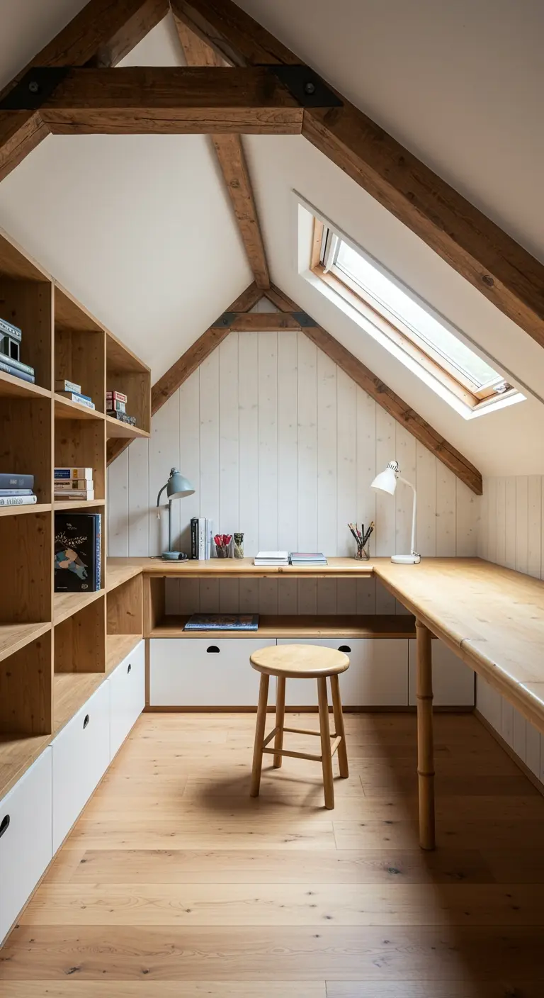 Oficina en un ático luminoso con vigas de madera a la vista y escritorio a medida.