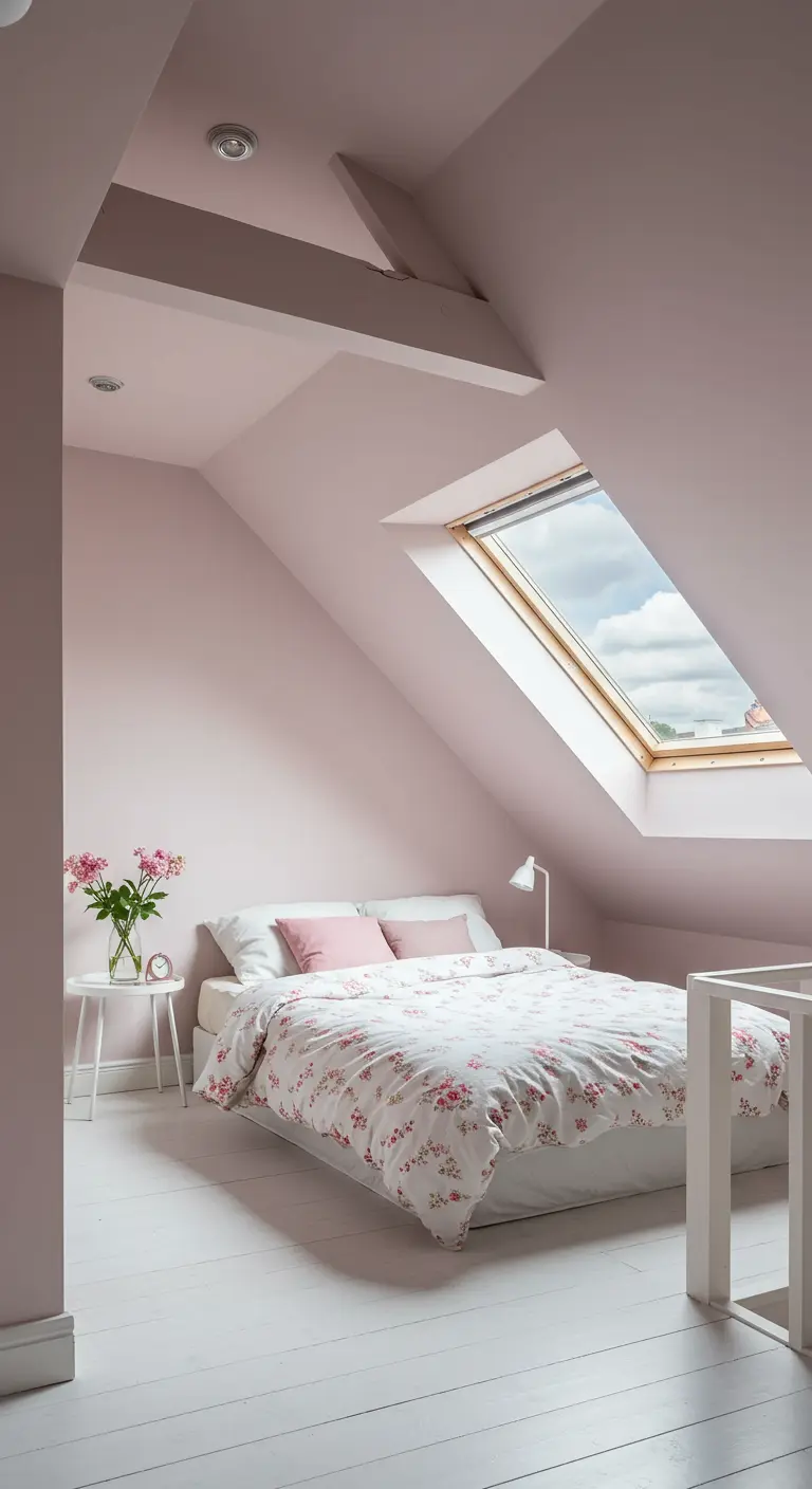 Dormitorio en un ático con paredes rosas, suelo blanco y una ventana en el techo inclinado.