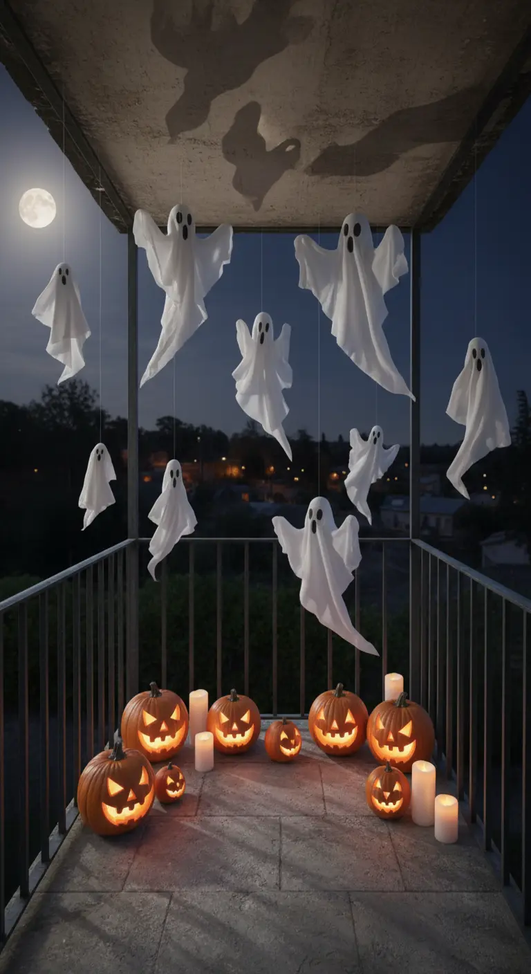 Fantasmas de tela colgando del techo de un balcón sobre un grupo de calabazas.