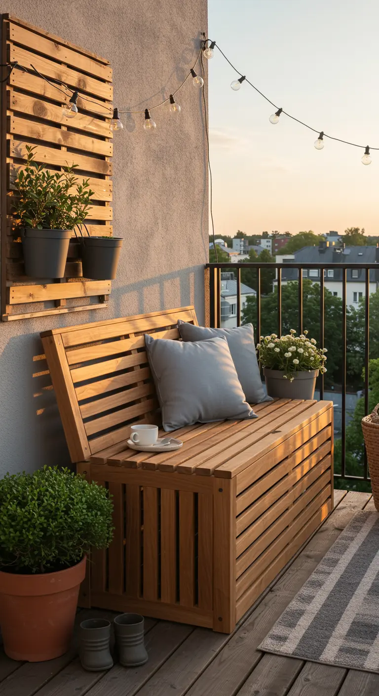 Banco de madera con almacenaje en un balcón acogedor al atardecer, con cojines y plantas.