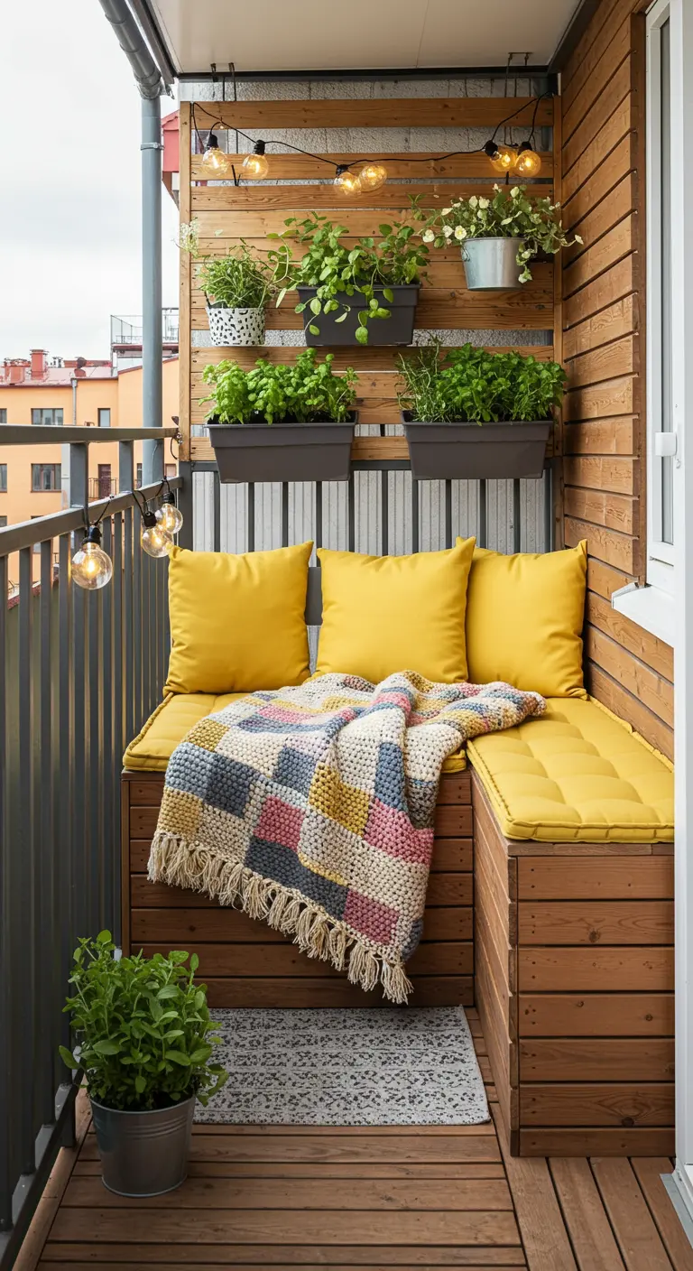 Balcón pequeño con un banco de madera en forma de L, cojines amarillos y una manta de patchwork colorida.