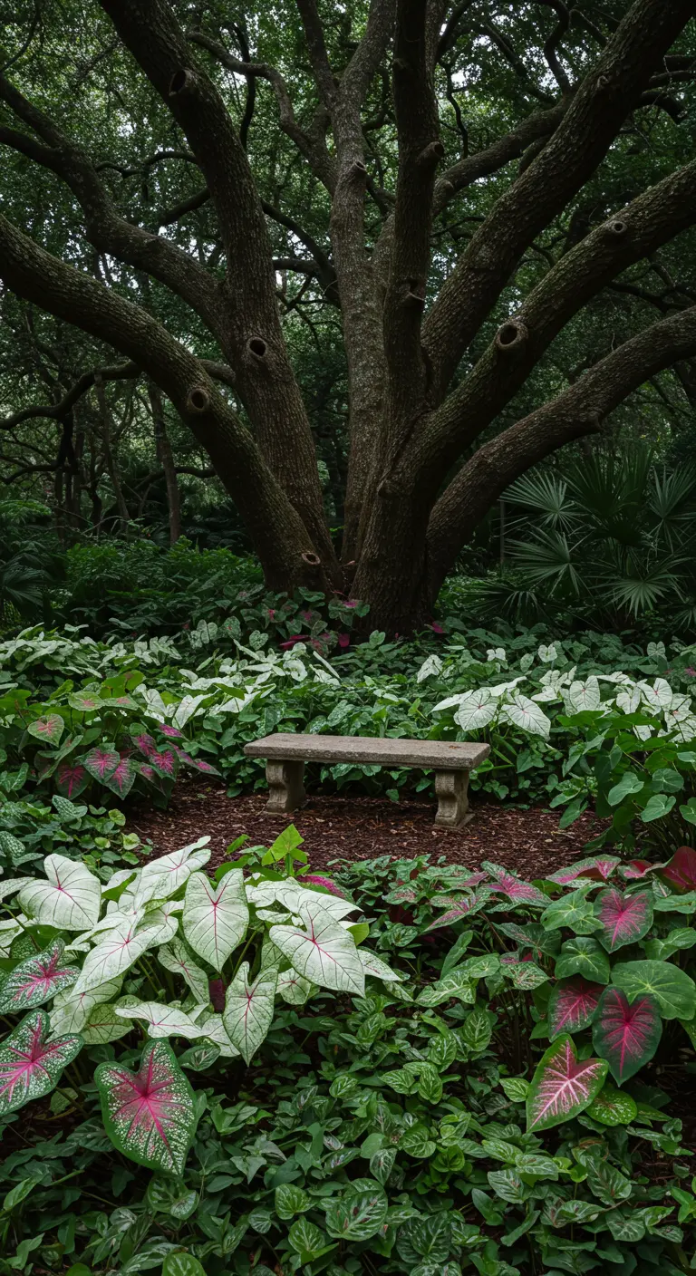 Banco de piedra bajo la sombra de un árbol inmenso, rodeado de un mar de plantas de Caladium blanco.