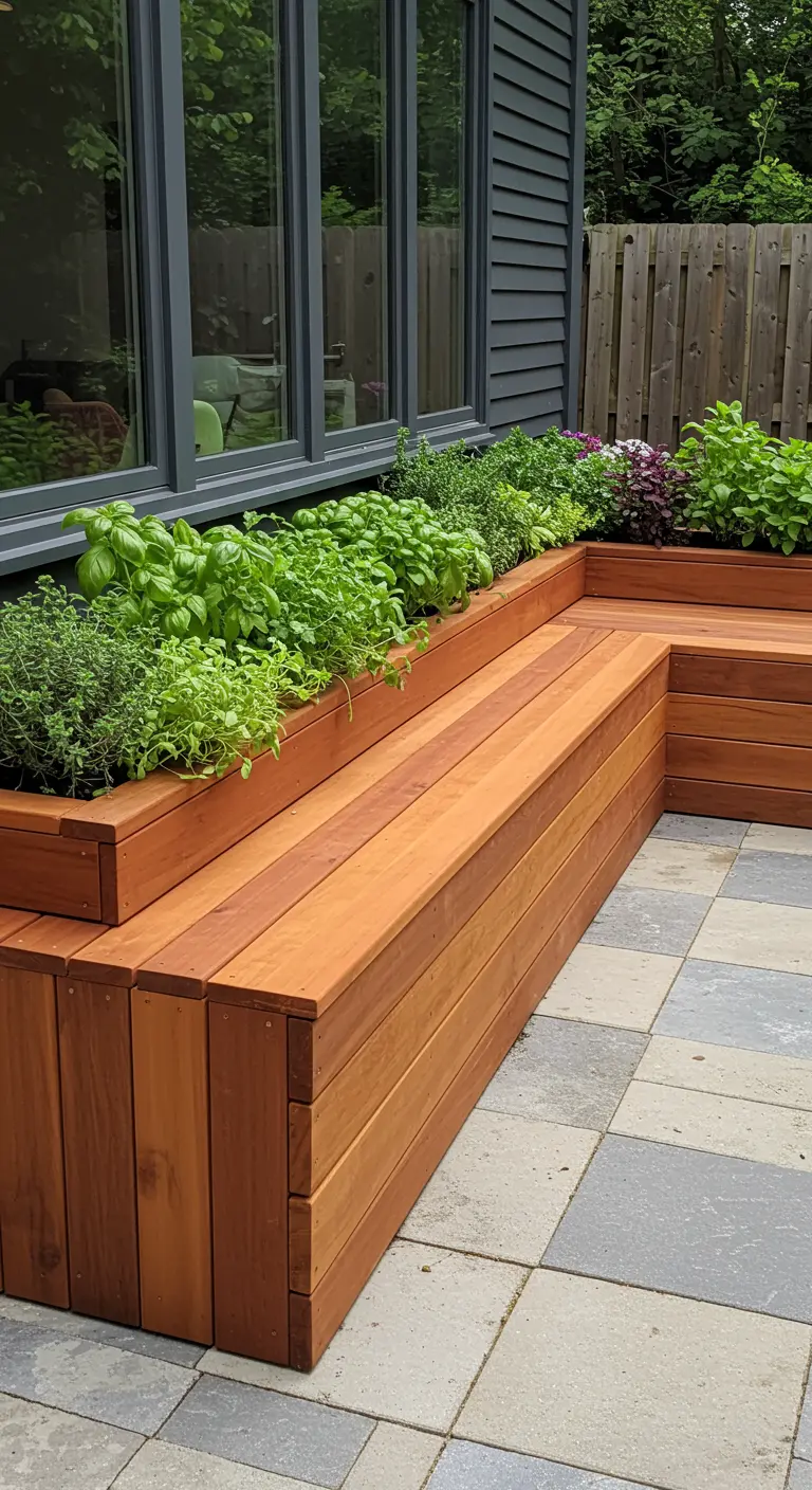 Un moderno banco de madera en forma de L con una jardinera integrada en la parte trasera con hierbas.