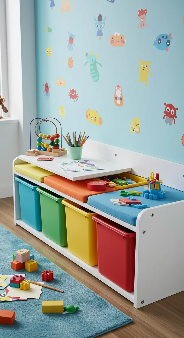 Banco infantil blanco con cojines y cajas de colores para guardar juguetes.