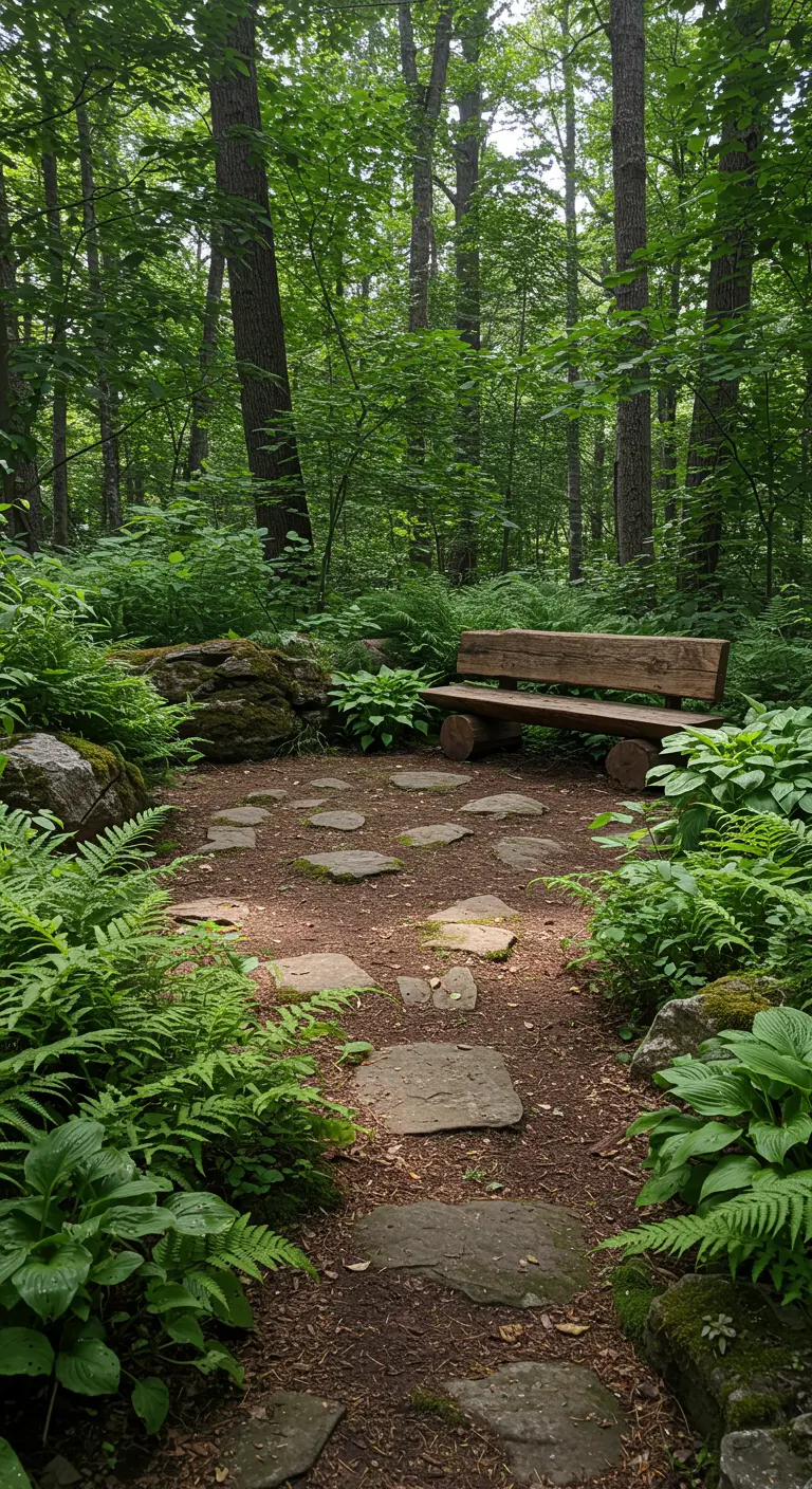Banco de madera sobre troncos en un claro del bosque, rodeado de helechos y con un sendero de piedras.