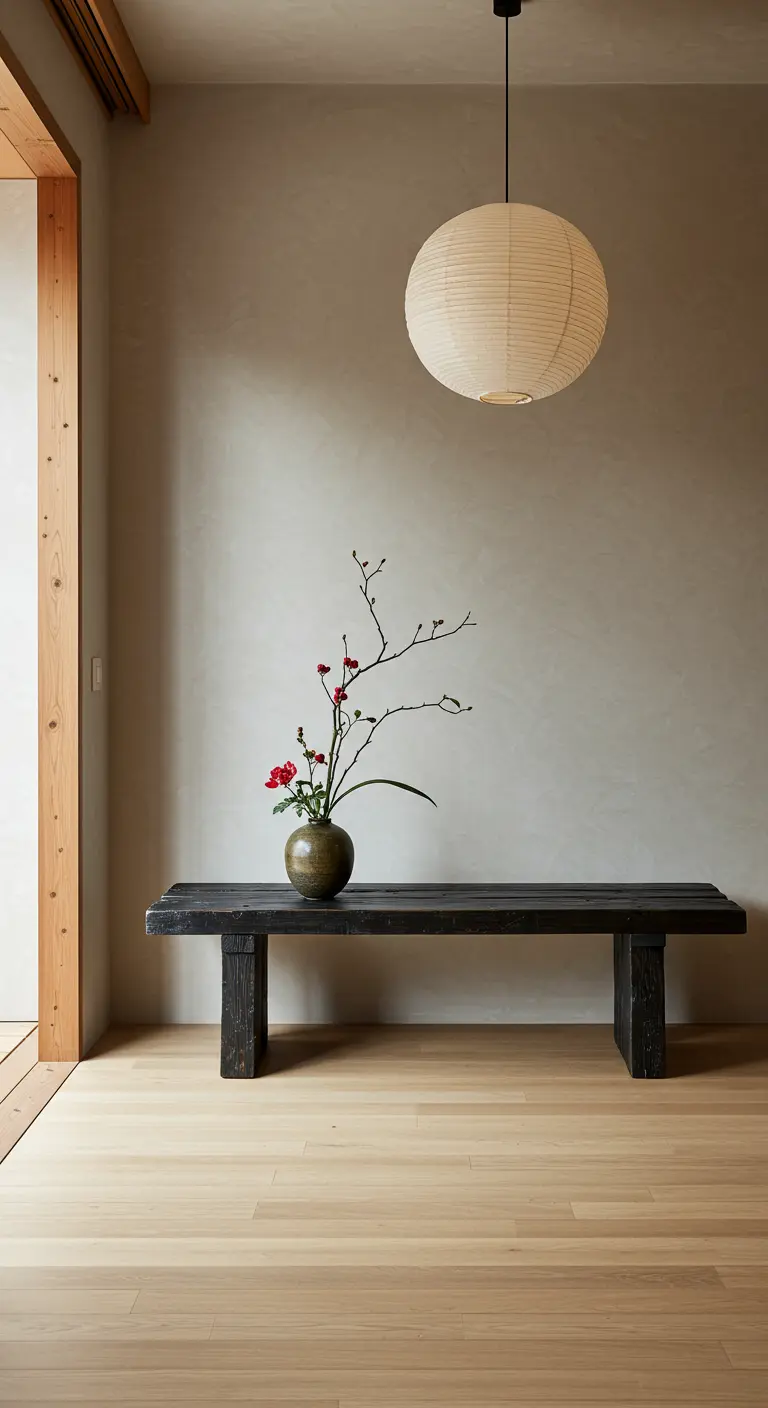 Banco de madera oscura de palet de estilo japonés minimalista con un jarrón y una lámpara de papel.