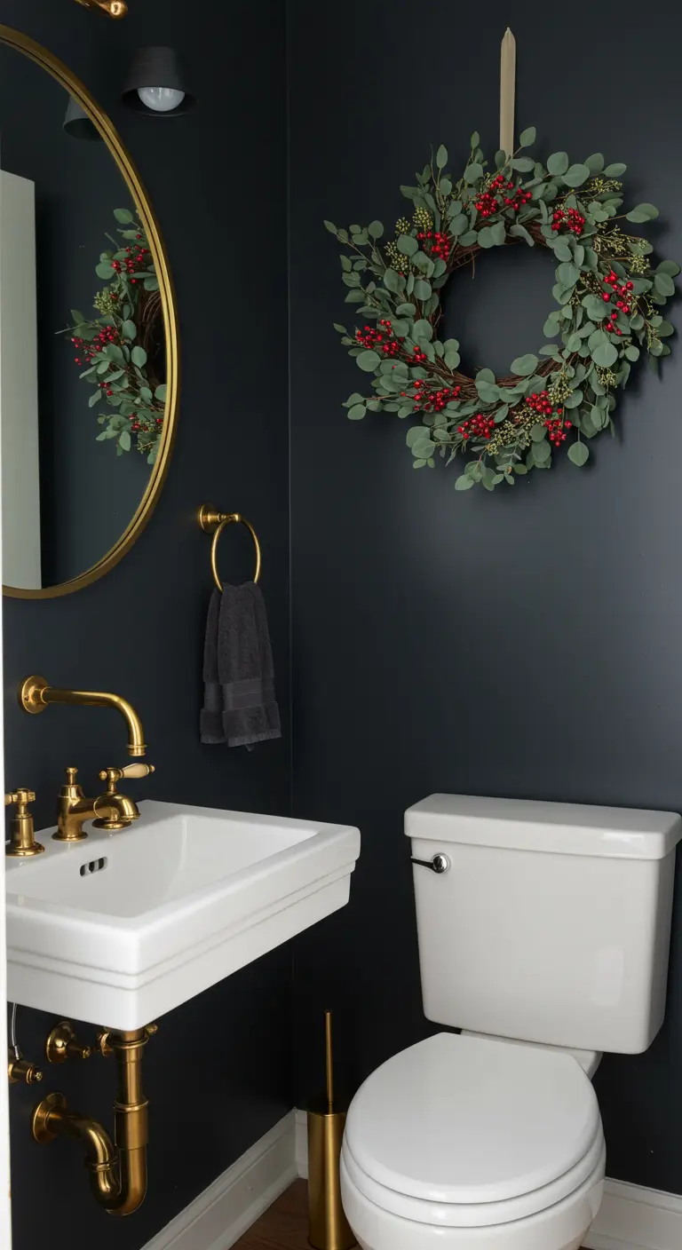 Baño de invitados con paredes oscuras y una corona de eucalipto.
