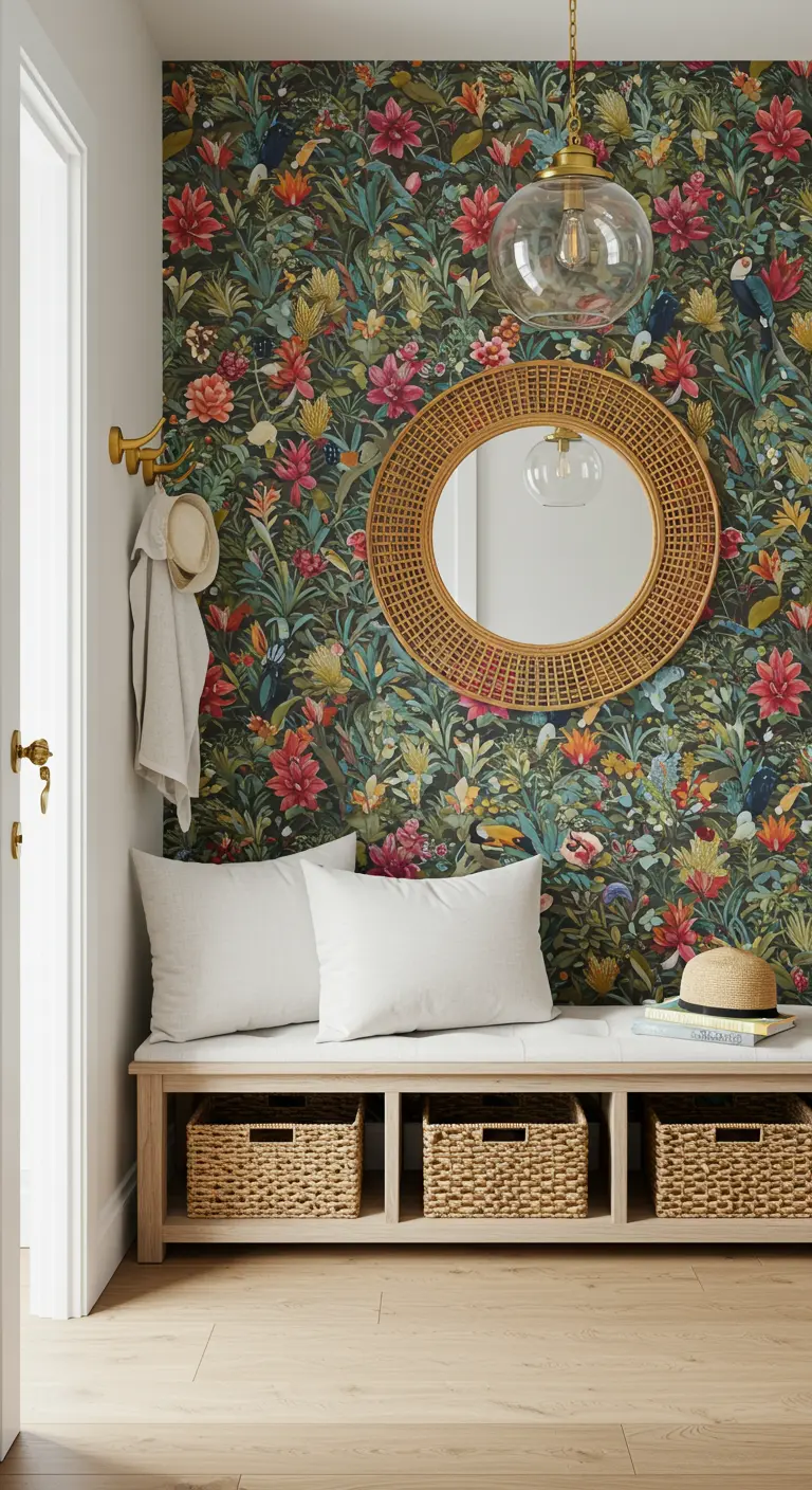 Entrada con banco de almacenaje, papel tapiz floral exótico y espejo redondo de ratán.