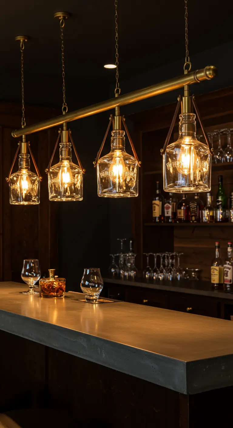 Lámpara de bar con cuatro botellas de licor cuadradas y detalles en cuero.