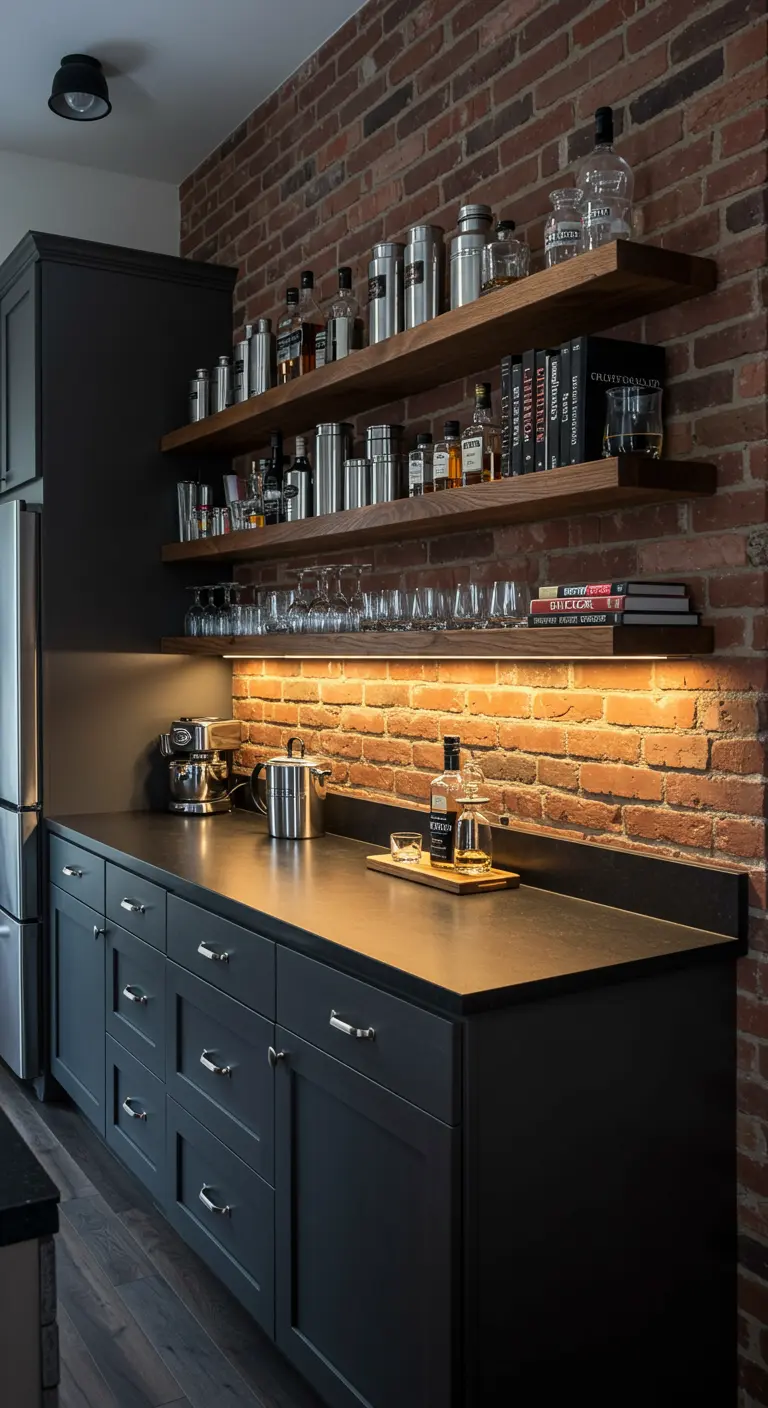Estanterías flotantes de madera oscura sobre una pared de ladrillo, iluminadas y usadas como bar