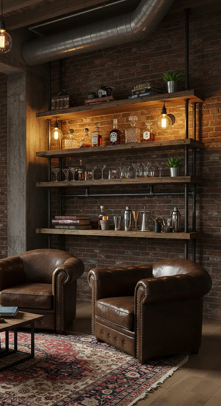Estanterías de estilo industrial hechas con tuberías y madera, usadas como bar en una sala.