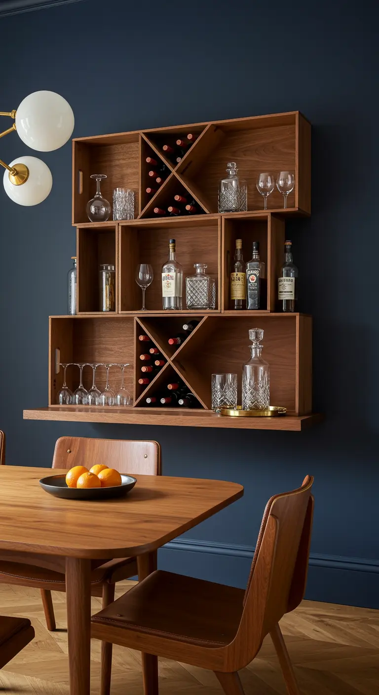 Minibar de pared hecho con cajas de madera de nogal, con botelleros y soportes para copas.