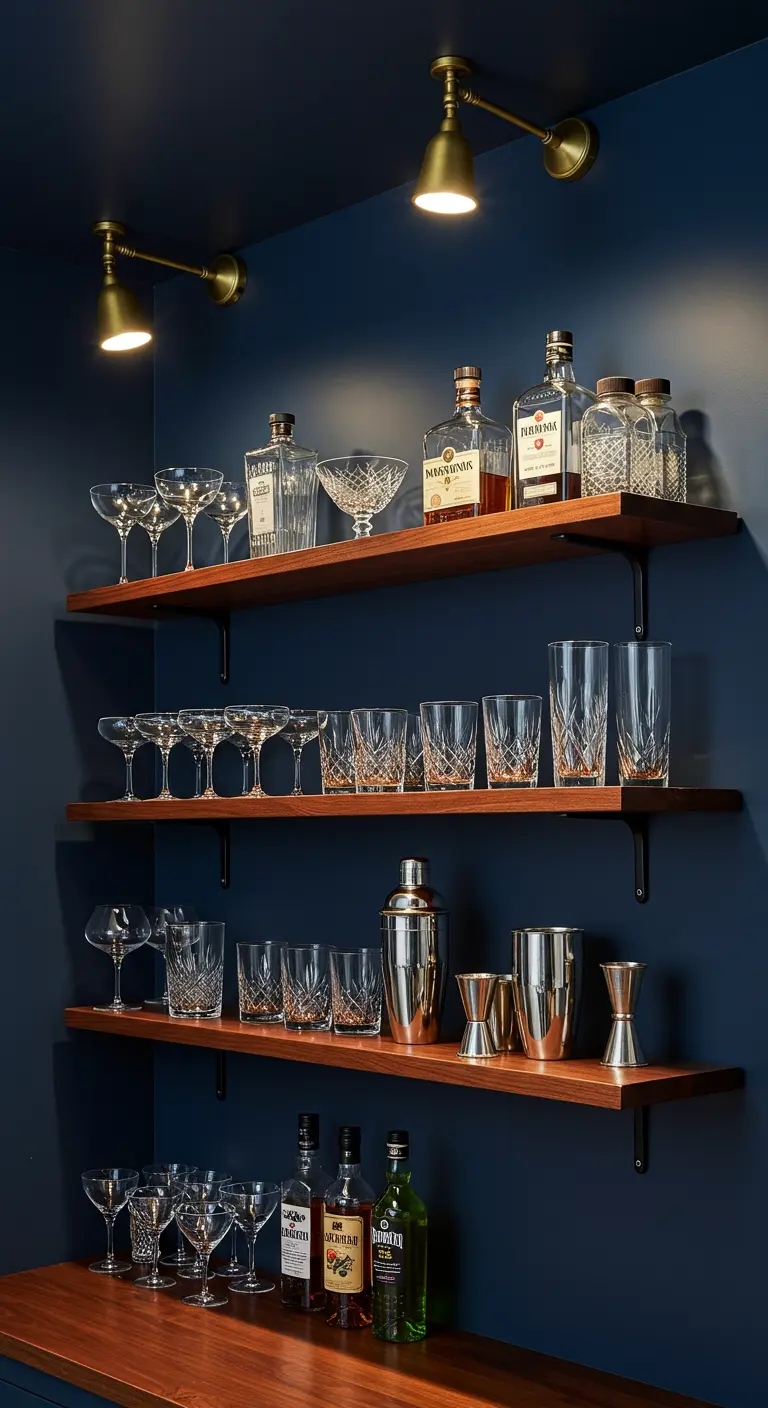 Estanterías de madera en una pared azul oscuro, iluminadas por apliques de latón y usadas como bar