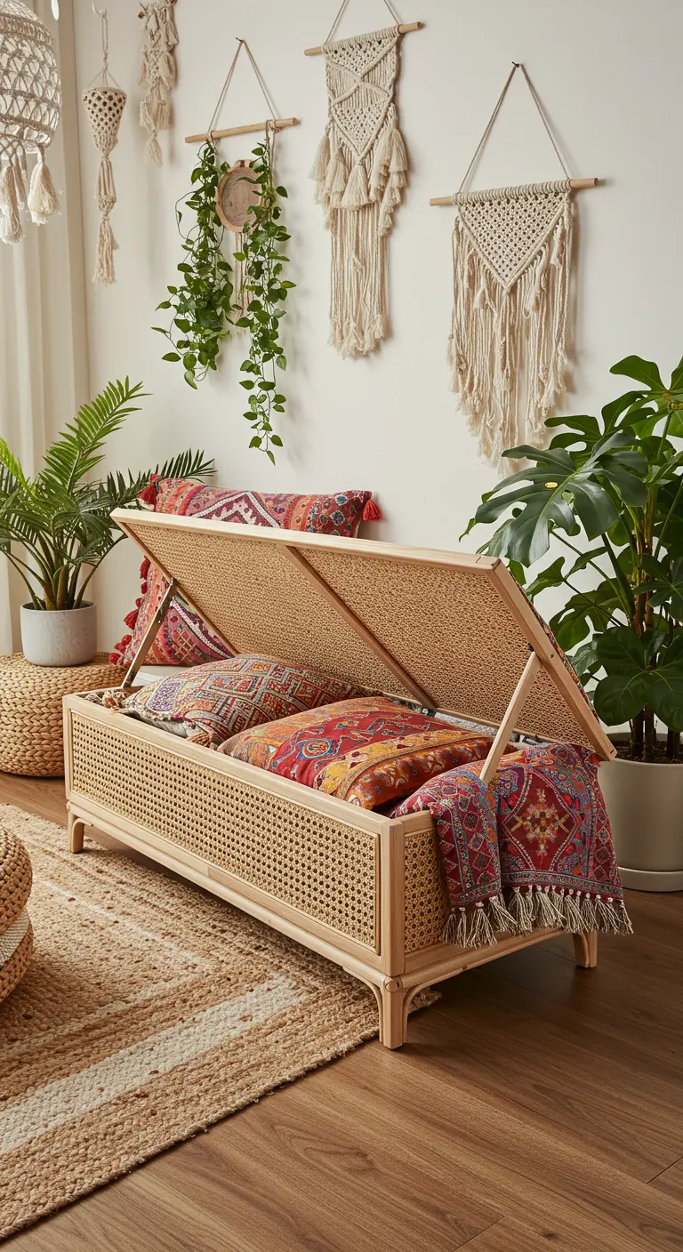 Banco de ratán con la tapa abierta, mostrando cojines coloridos en un ambiente boho con plantas.
