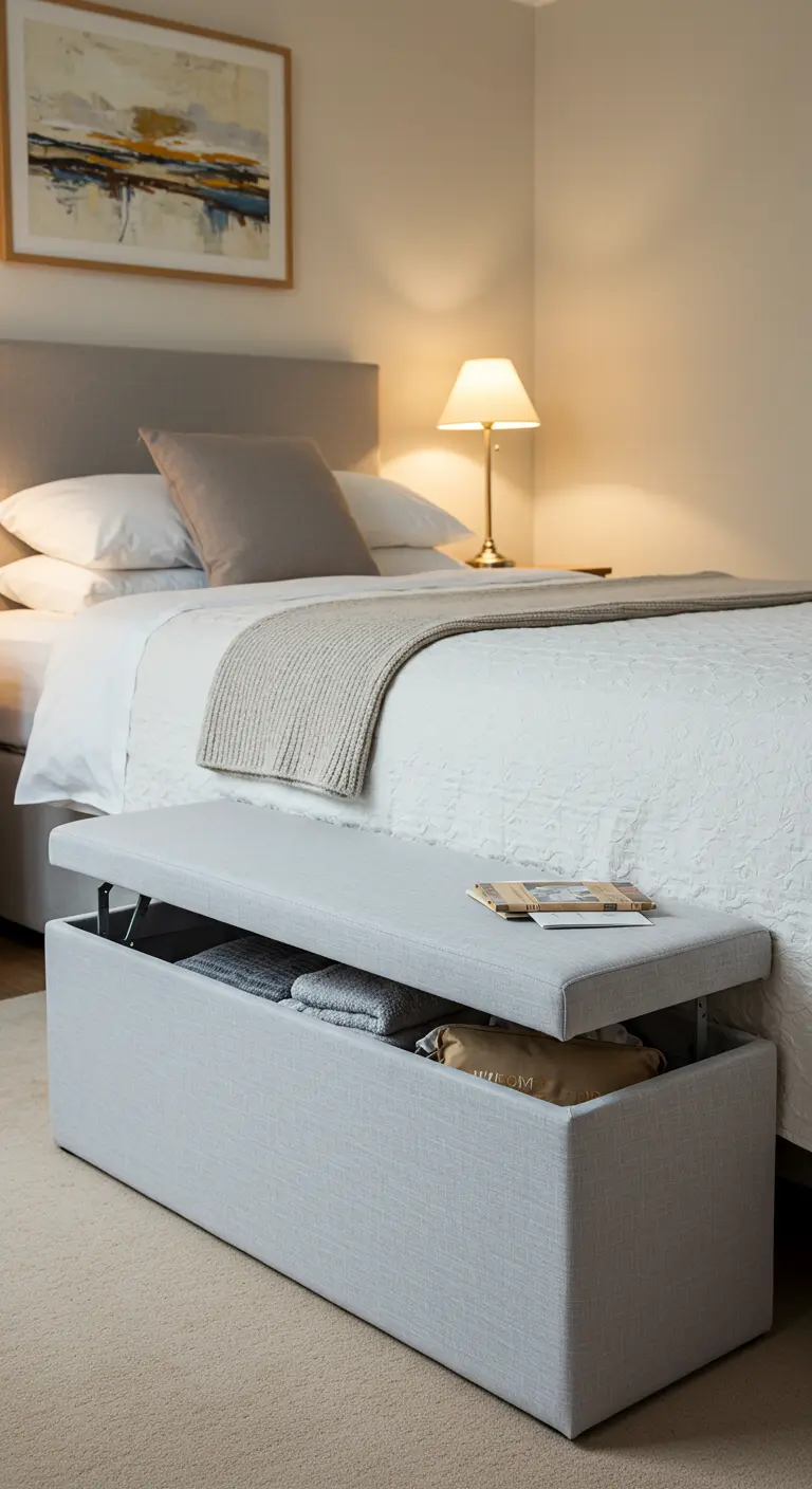 Banco tapizado en tela gris clara a los pies de una cama, con la tapa abierta mostrando toallas.