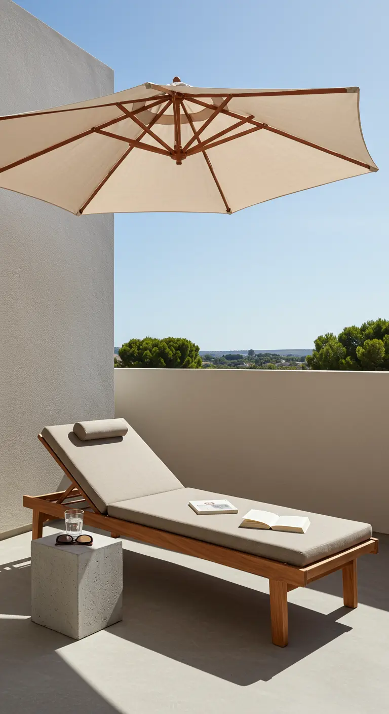 Tumbona de madera con colchoneta gris junto a una mesita auxiliar hecha con un bloque de hormigón