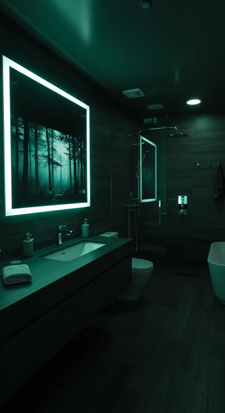 Baño futurista oscuro con iluminación ambiental verde y espejo inteligente.