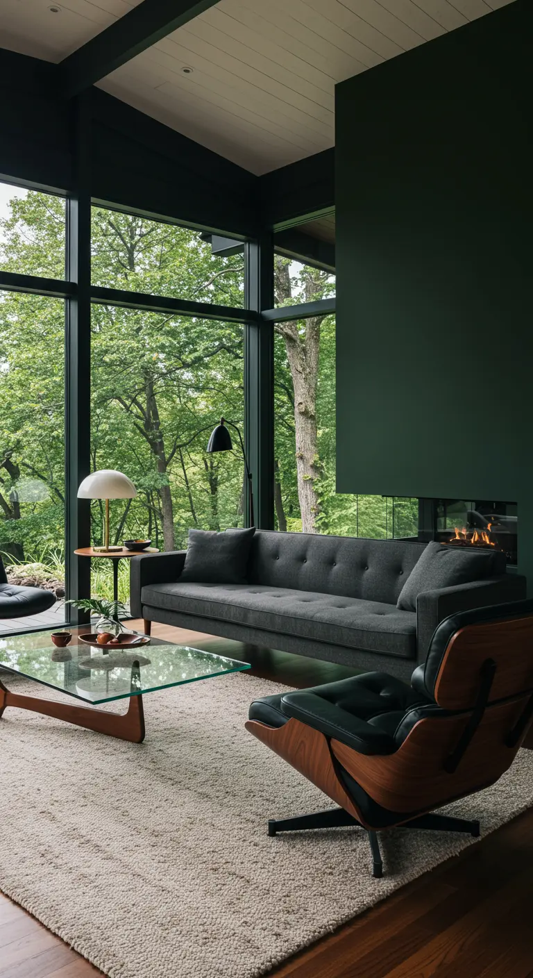 Sala moderna con pared verde oscuro, gran ventanal y muebles de estilo mid-century.