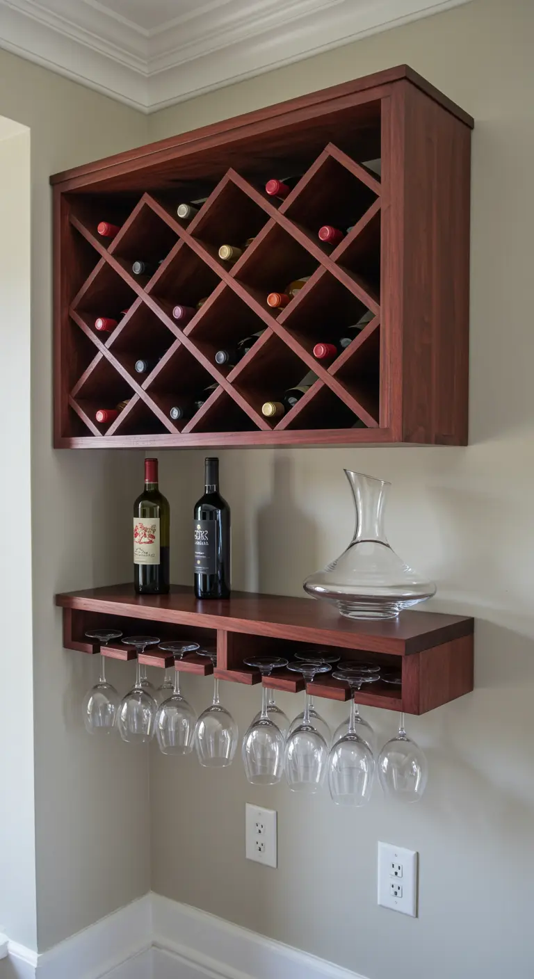 Botellero de madera de caoba con un estante inferior diseñado para colgar copas de vino