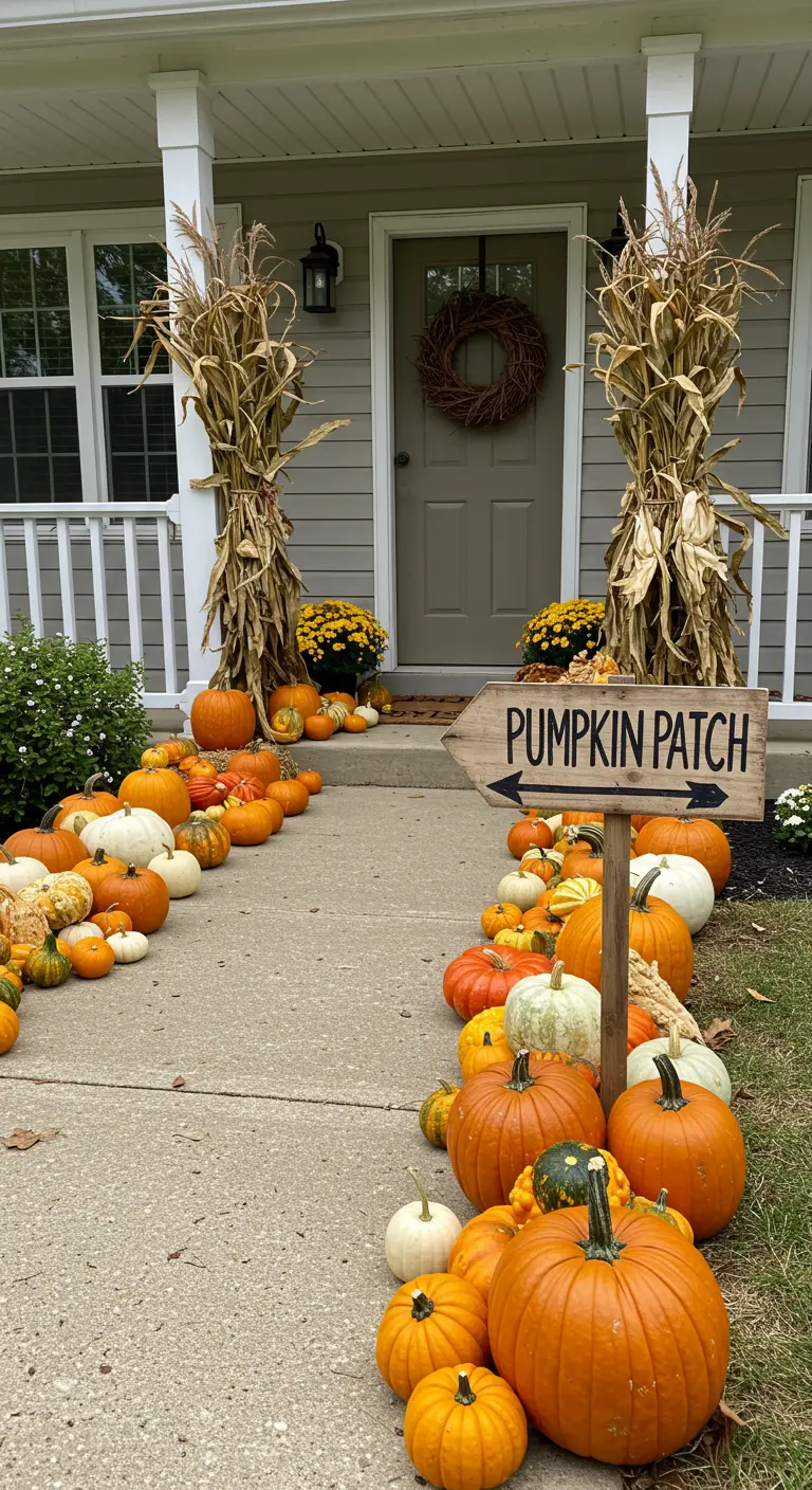 Camino de entrada a una casa bordeado con una gran variedad de calabazas y un cartel de madera que pone 'Pumpkin Patch'.