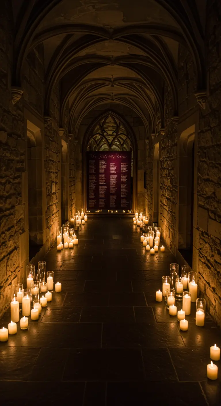 Pasillo de piedra iluminado por decenas de velas que conducen a un seating plan al fondo.