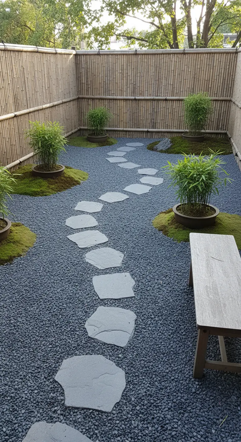 Jardín zen con un camino serpenteante de lajas de piedra sobre grava gris y pequeños bonsáis.