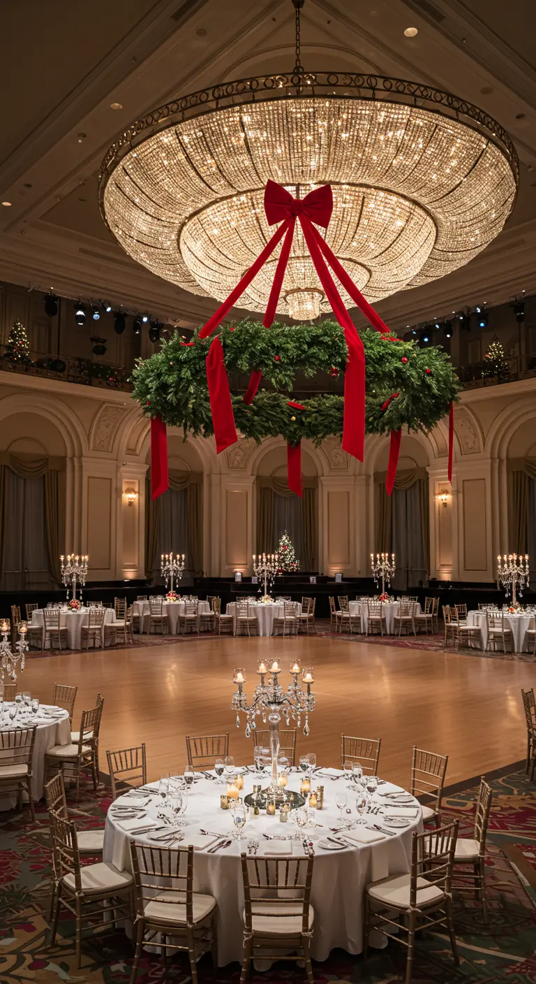 Enorme corona de pino colgando como un candelabro en un salón de baile elegante.