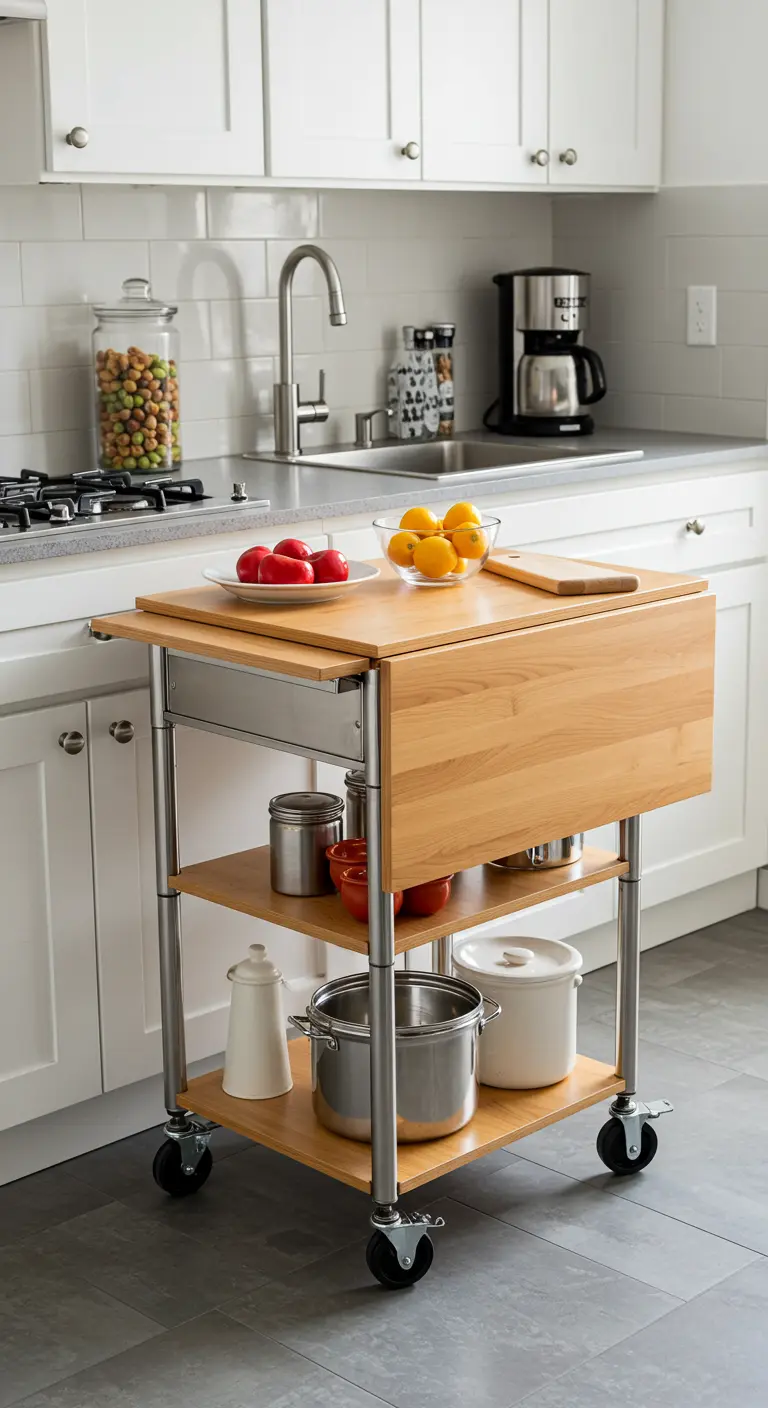 Carrito de cocina con estructura de metal, baldas, cajón y una superficie de madera plegable.