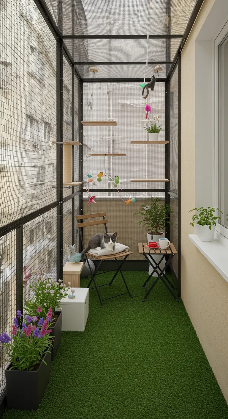 Balcón completamente cerrado con una estructura de red, con estanterías para que un gato trepe