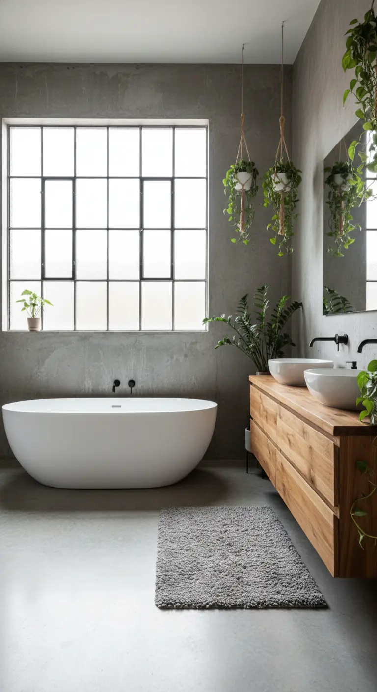 Baño industrial con paredes de cemento, mueble de madera flotante y plantas colgantes.