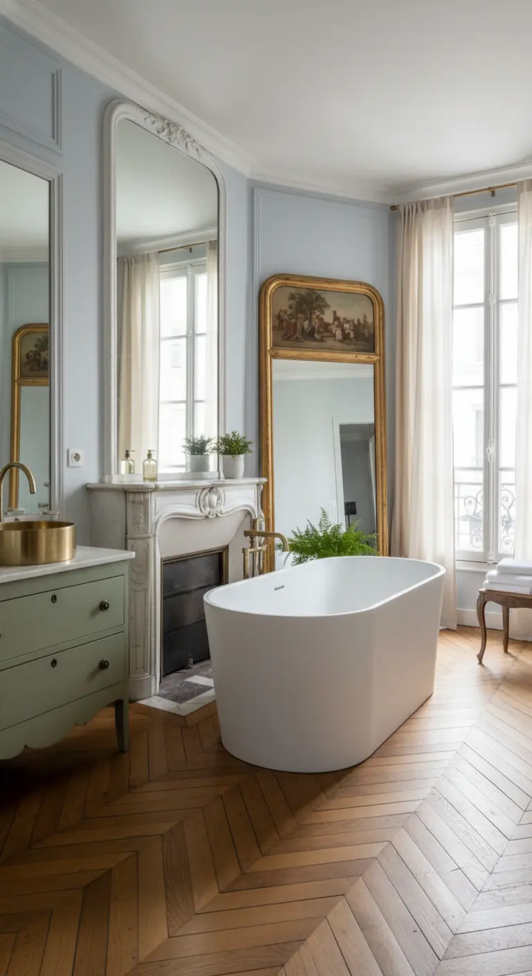 Baño de estilo parisino con chimenea de mármol, espejo dorado y suelo de parquet