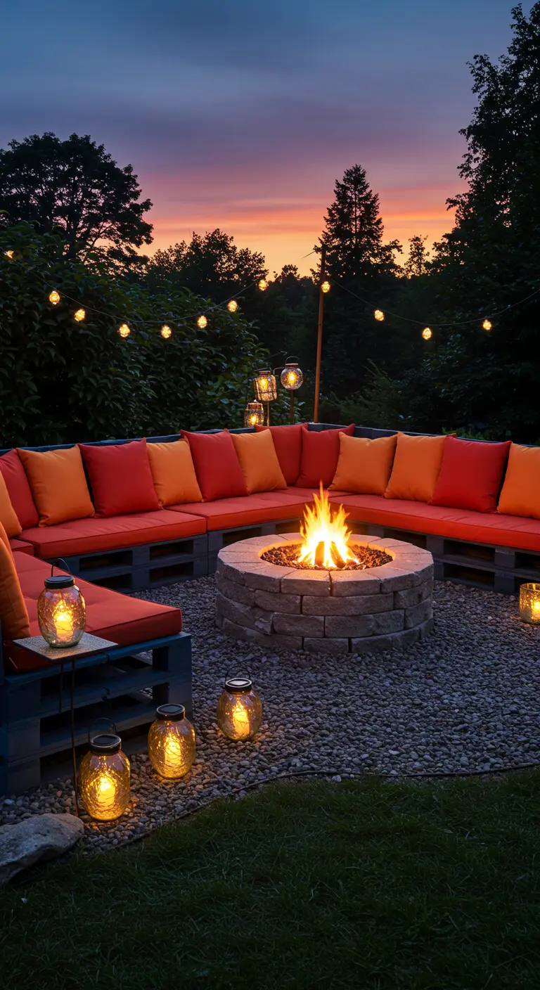 Gran sofá circular de palets oscuros con cojines naranjas alrededor de una hoguera bajo el atardecer.